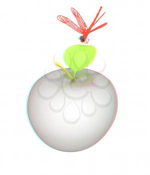 Dragonfly on apple. 3D illustration. Anaglyph. View with red/cyan glasses to see in 3D.