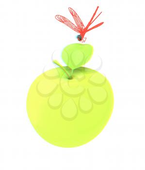 Dragonfly on apple. 3D illustration. Anaglyph. View with red/cyan glasses to see in 3D.