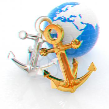 anchors and Earth. 3D illustration. Anaglyph. View with red/cyan glasses to see in 3D.