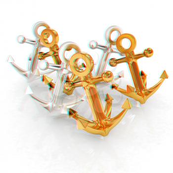 anchors. 3D illustration. Anaglyph. View with red/cyan glasses to see in 3D.