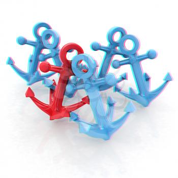 anchors. 3D illustration. Anaglyph. View with red/cyan glasses to see in 3D.