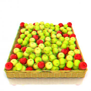 Wicker basket full of apples isolated on white. 3D illustration. Anaglyph. View with red/cyan glasses to see in 3D.