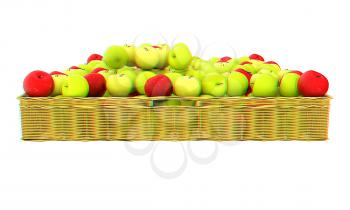 Wicker basket full of apples isolated on white. 3D illustration. Anaglyph. View with red/cyan glasses to see in 3D.