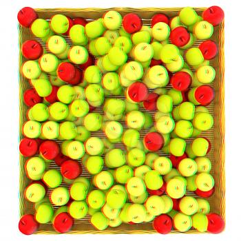 Wicker basket full of apples isolated on white. 3D illustration. Anaglyph. View with red/cyan glasses to see in 3D.