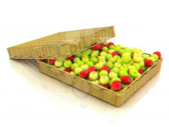 Wicker basket full of apples isolated on white. 3D illustration. Anaglyph. View with red/cyan glasses to see in 3D.