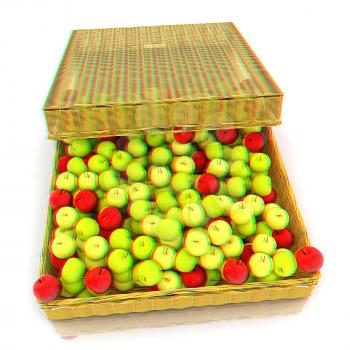 Wicker basket full of apples isolated on white. 3D illustration. Anaglyph. View with red/cyan glasses to see in 3D.