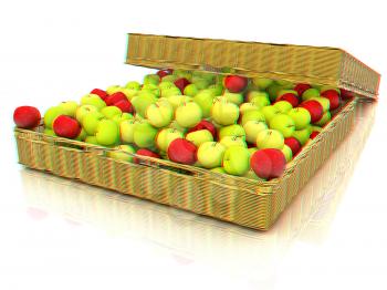 Wicker basket full of apples isolated on white. 3D illustration. Anaglyph. View with red/cyan glasses to see in 3D.