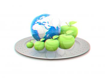 Earth and apples around - from the smallest to largest. Global dieting concept. 3D illustration. Anaglyph. View with red/cyan glasses to see in 3D.