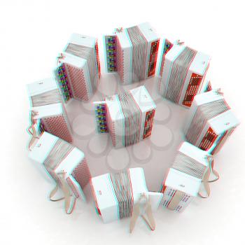 Musical instruments - bayans. 3D illustration. Anaglyph. View with red/cyan glasses to see in 3D.