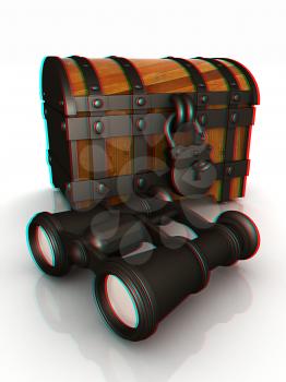 binoculars and chest. 3D illustration. Anaglyph. View with red/cyan glasses to see in 3D.