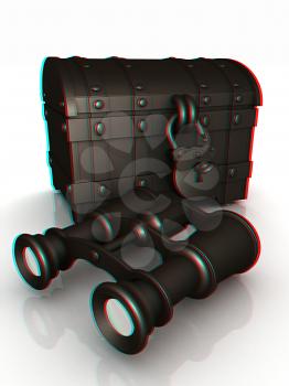 binoculars and chest. 3D illustration. Anaglyph. View with red/cyan glasses to see in 3D.