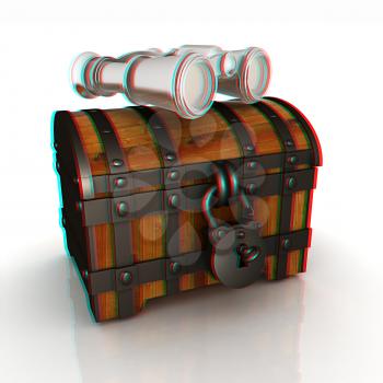 binoculars and chest. 3D illustration. Anaglyph. View with red/cyan glasses to see in 3D.