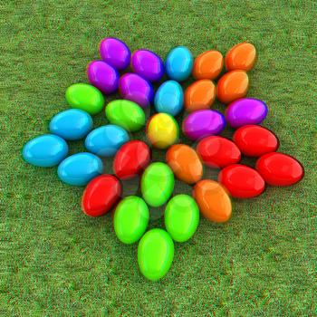 Colored Easter eggs as a flower on a green grass. 3D illustration. Anaglyph. View with red/cyan glasses to see in 3D.