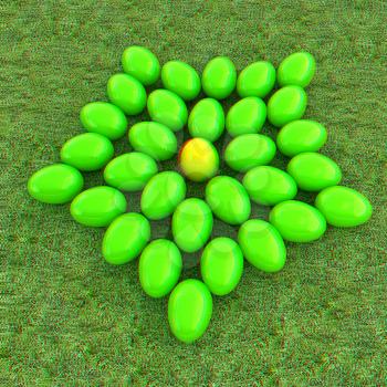 Colored Easter eggs as a flower on a green grass. 3D illustration. Anaglyph. View with red/cyan glasses to see in 3D.