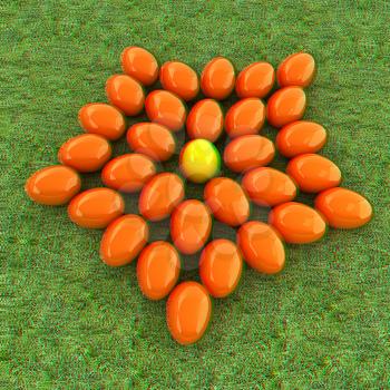 Colored Easter eggs as a flower on a green grass. 3D illustration. Anaglyph. View with red/cyan glasses to see in 3D.