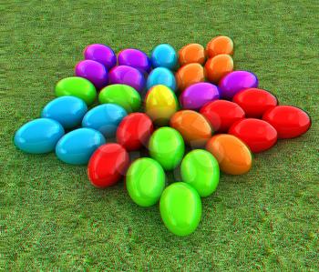 Colored Easter eggs as a flower on a green grass. 3D illustration. Anaglyph. View with red/cyan glasses to see in 3D.