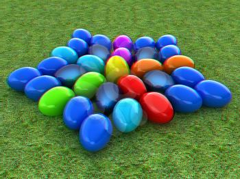 Colored Easter eggs as a flower on a green grass. 3D illustration. Anaglyph. View with red/cyan glasses to see in 3D.