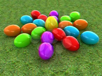 Colored Easter eggs as a flower on a green grass. 3D illustration. Anaglyph. View with red/cyan glasses to see in 3D.