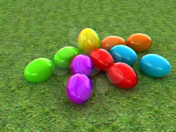 Colored Easter eggs as a flower on a green grass. 3D illustration. Anaglyph. View with red/cyan glasses to see in 3D.