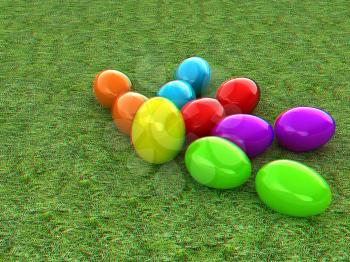 Colored Easter eggs as a flower on a green grass. 3D illustration. Anaglyph. View with red/cyan glasses to see in 3D.