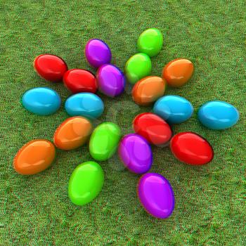 Colored Easter eggs as a flower on a green grass. 3D illustration. Anaglyph. View with red/cyan glasses to see in 3D.