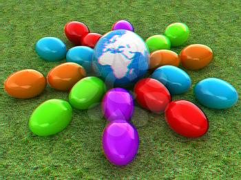 Colored Easter eggs as a flower on a green grass. 3D illustration. Anaglyph. View with red/cyan glasses to see in 3D.