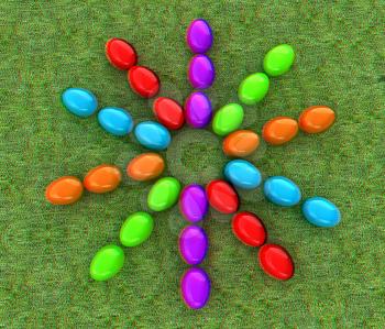 Colored Easter eggs as a flower on a green grass. 3D illustration. Anaglyph. View with red/cyan glasses to see in 3D.