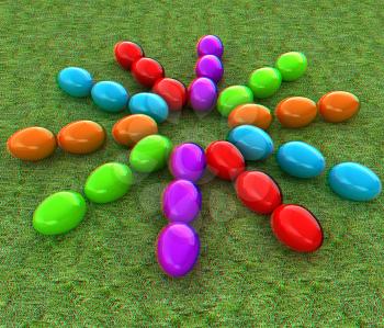 Colored Easter eggs as a flower on a green grass. 3D illustration. Anaglyph. View with red/cyan glasses to see in 3D.