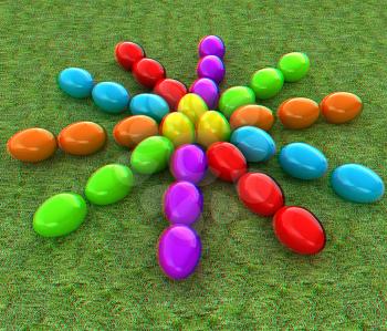 Colored Easter eggs as a flower on a green grass. 3D illustration. Anaglyph. View with red/cyan glasses to see in 3D.