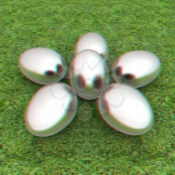 Metall Easter eggs as a flower on a green grass. 3D illustration. Anaglyph. View with red/cyan glasses to see in 3D.