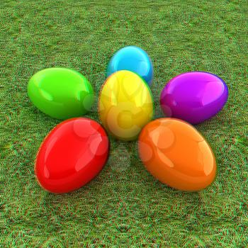 Colored Easter eggs as a flower on a green grass. 3D illustration. Anaglyph. View with red/cyan glasses to see in 3D.