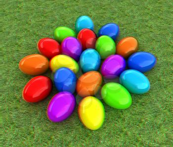 Colored Easter eggs on a green grass. 3D illustration. Anaglyph. View with red/cyan glasses to see in 3D.