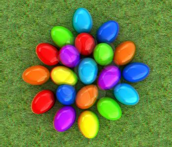 Colored Easter eggs on a green grass. 3D illustration. Anaglyph. View with red/cyan glasses to see in 3D.