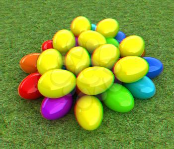 Colored Easter eggs on a green grass. 3D illustration. Anaglyph. View with red/cyan glasses to see in 3D.