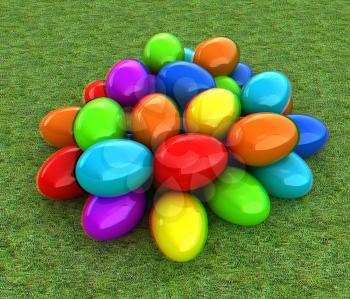 Colored Easter eggs on a green grass. 3D illustration. Anaglyph. View with red/cyan glasses to see in 3D.