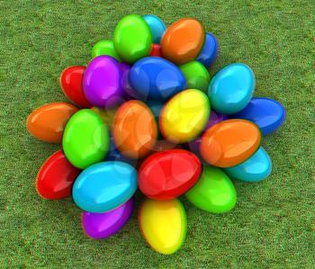 Colored Easter eggs on a green grass. 3D illustration. Anaglyph. View with red/cyan glasses to see in 3D.