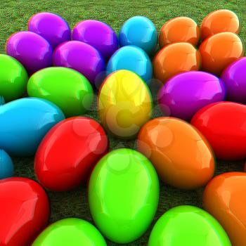 Colored Easter eggs as a flower on a green grass. 3D illustration. Anaglyph. View with red/cyan glasses to see in 3D.