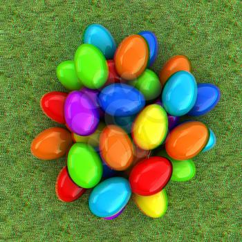 Colored Easter eggs on a green grass. 3D illustration. Anaglyph. View with red/cyan glasses to see in 3D.