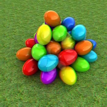 Colored Easter eggs on a green grass. 3D illustration. Anaglyph. View with red/cyan glasses to see in 3D.