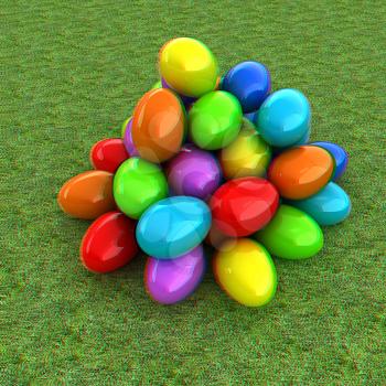 Colored Easter eggs on a green grass. 3D illustration. Anaglyph. View with red/cyan glasses to see in 3D.