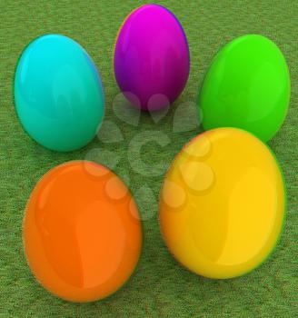 Colored Easter eggs on a green grass. 3D illustration. Anaglyph. View with red/cyan glasses to see in 3D.