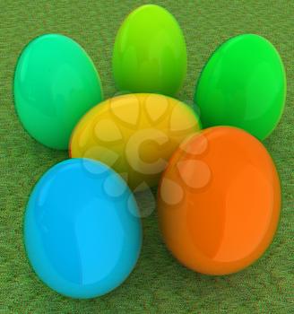 Colored Easter eggs on a green grass. 3D illustration. Anaglyph. View with red/cyan glasses to see in 3D.