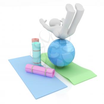 3d man on a karemat with fitness ball. 3D illustration