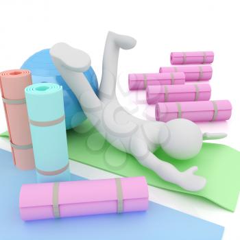 3d man on a karemat with fitness ball. 3D illustration