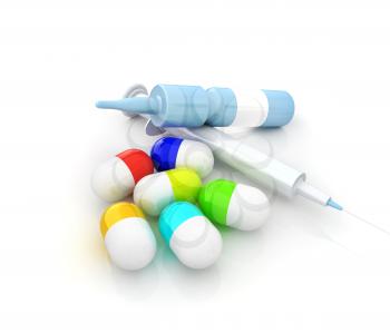 Syringe, tablet, pill jar. 3D illustration