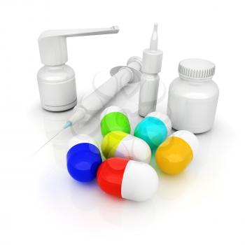 Syringe, tablet, pill jar. 3D illustration