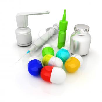 Syringe, tablet, pill jar. 3D illustration