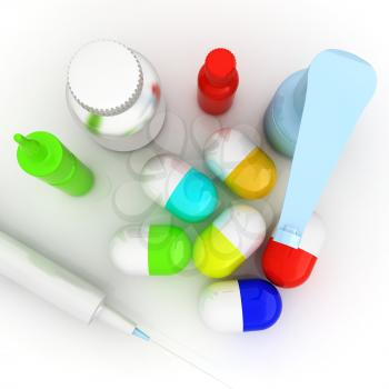 Syringe, tablet, pill jar. 3D illustration