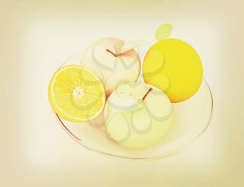 Citrus and apple on a white background. 3D illustration. Vintage style.