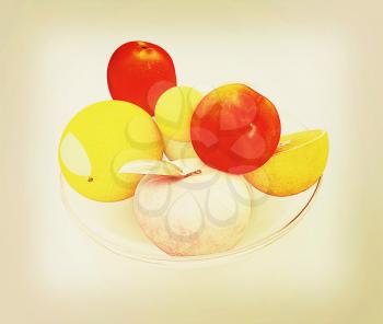 Citrus and apples on a white background. 3D illustration. Vintage style.